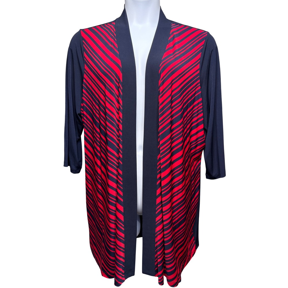 SUSAN GRAVER Womens Navy Red Liquid Knit Open Front Striped Cardigan 2X Layering